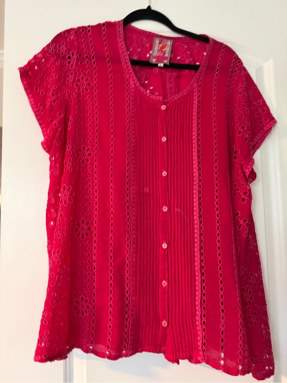 Johnny Was Women’s Beautiful Fuchsia Eyelet Button-Front Tunic Top,